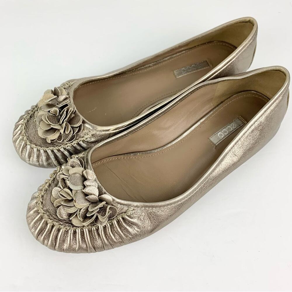 Ecco Metallic Silver Gold Leather Floral Ballet Slip On Flats 40